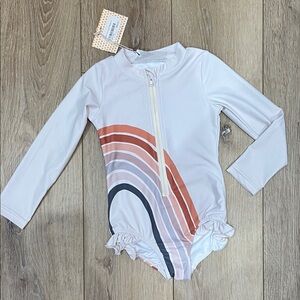 Oopsie Daisy Girls' Long Sleeve One-Piece Swimsuit with Rainbow Arc - White
